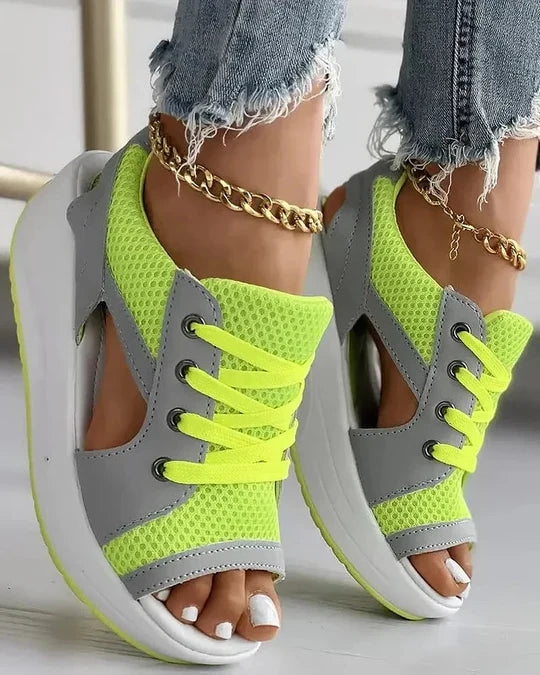 Contrast Paneled Cutout Lace-up Muffin Sandals